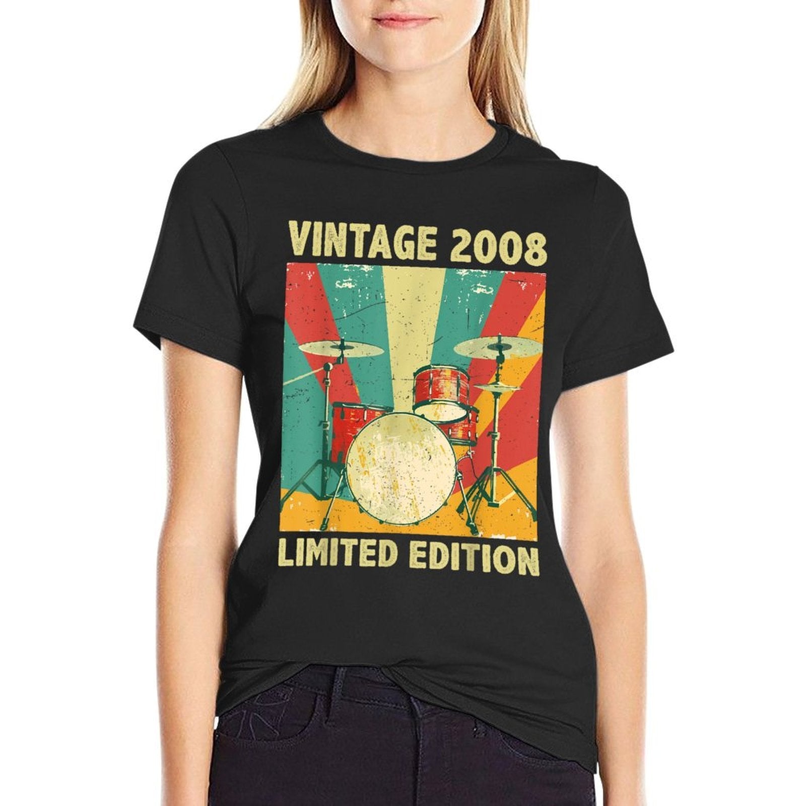 17 Years Old Gift Vintage 2008 Drums Lover 17th Birthday  Oversized Silhouette T-Shirt