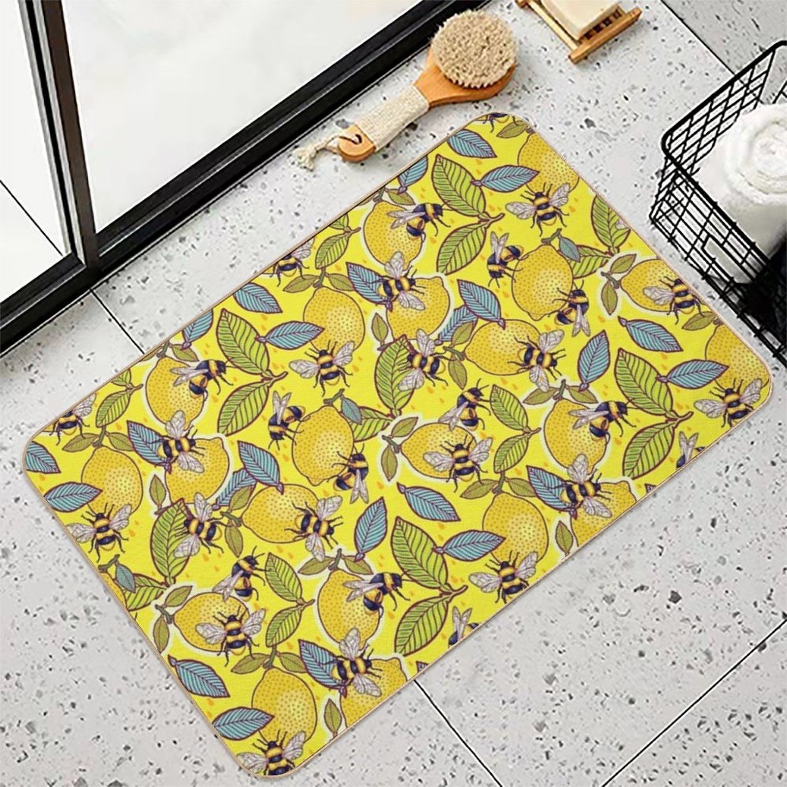Yellow Lemon And Bee Garden.  Anti-Trip Bath Mat