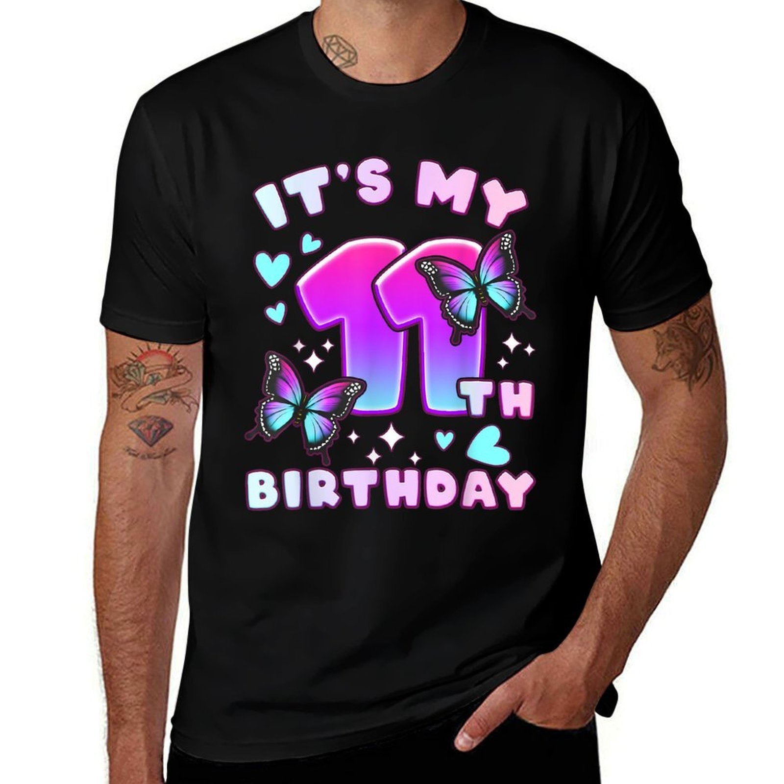 11th Birthday, Girl 11 Years, Butterflies And Number 11  Rolled Sleeves T-Shirt