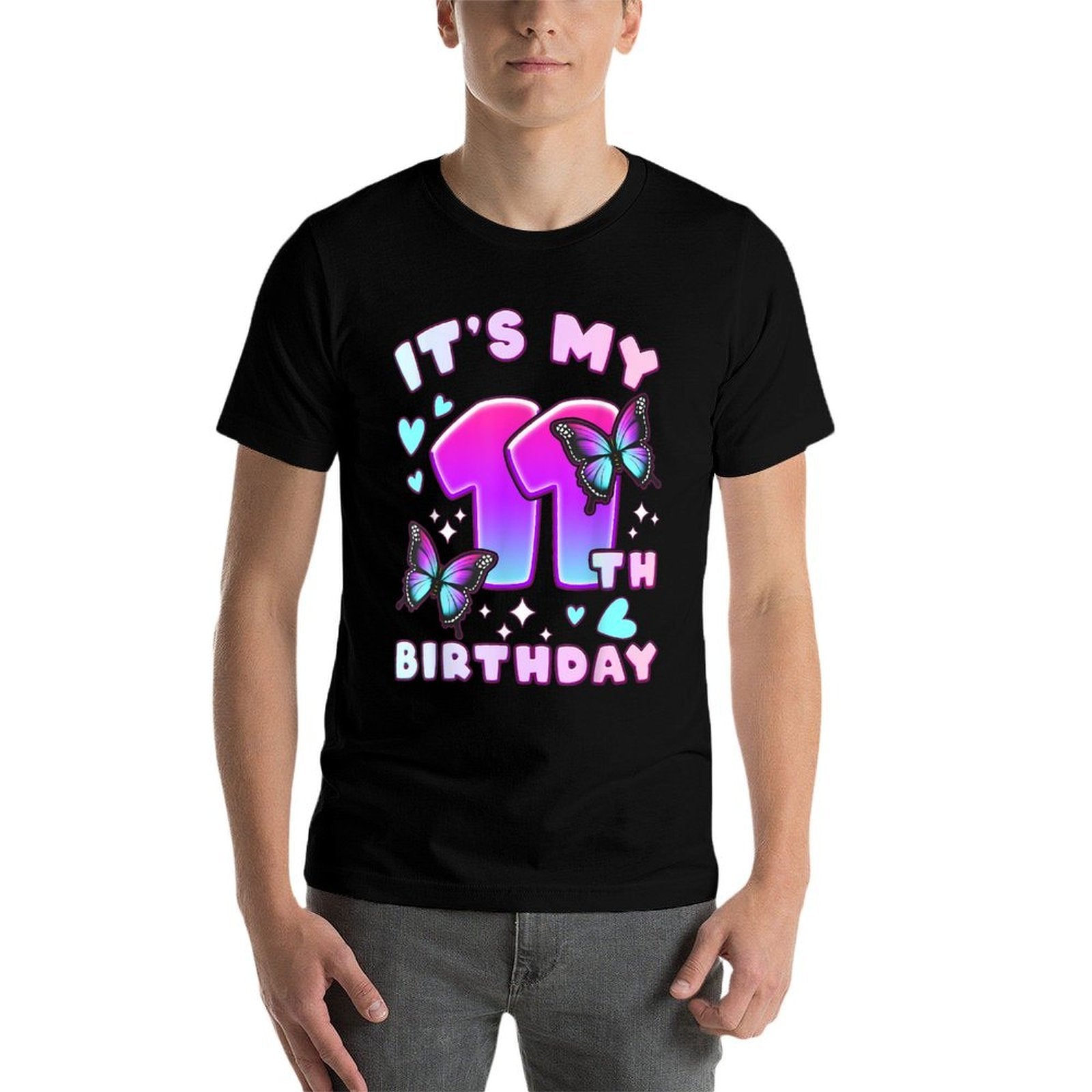 11th Birthday, Girl 11 Years, Butterflies And Number 11  Rolled Sleeves T-Shirt
