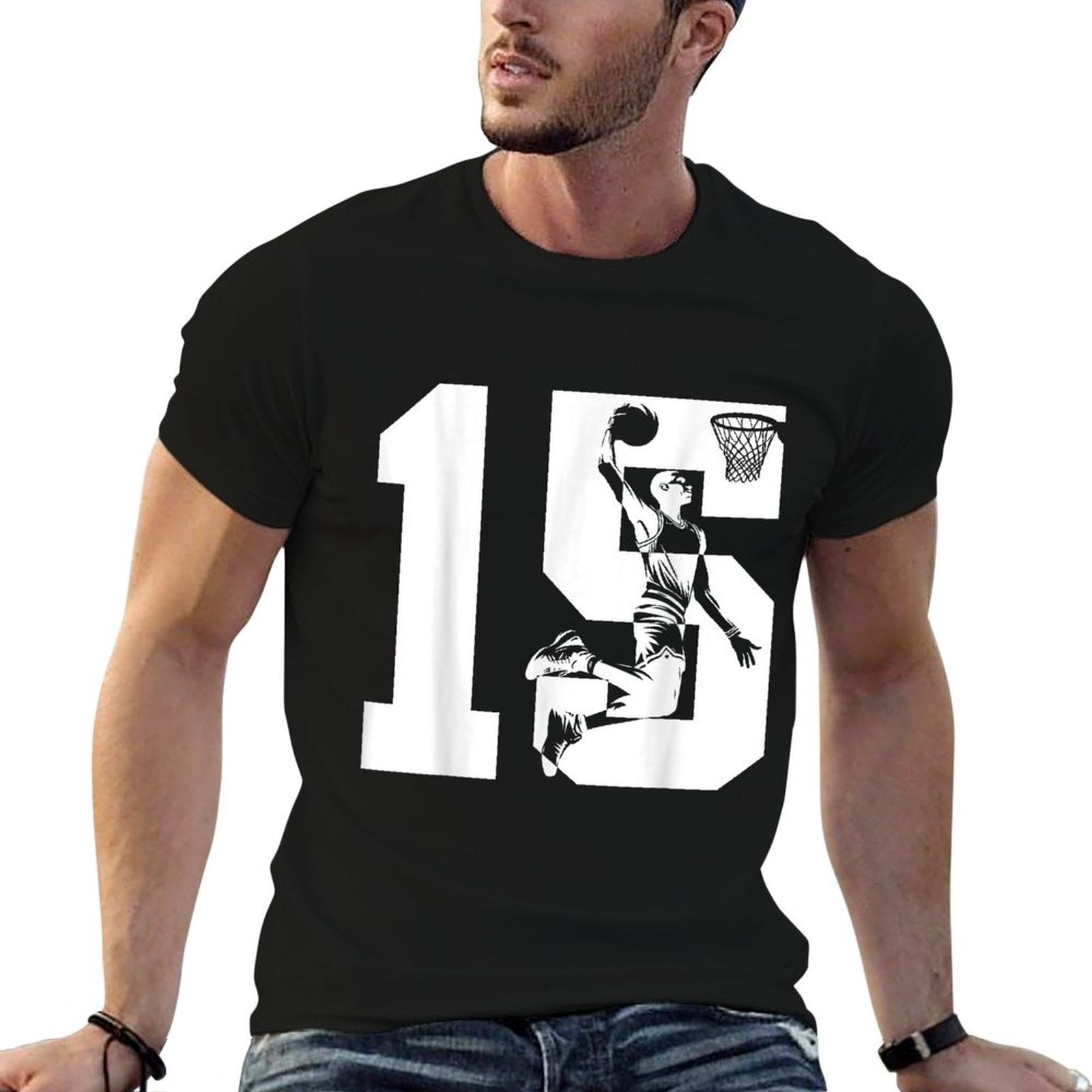15 YEARS NUMBER 15 BASKETBALL 15TH BIRTHDAY  Fade-proof Color T-Shirt