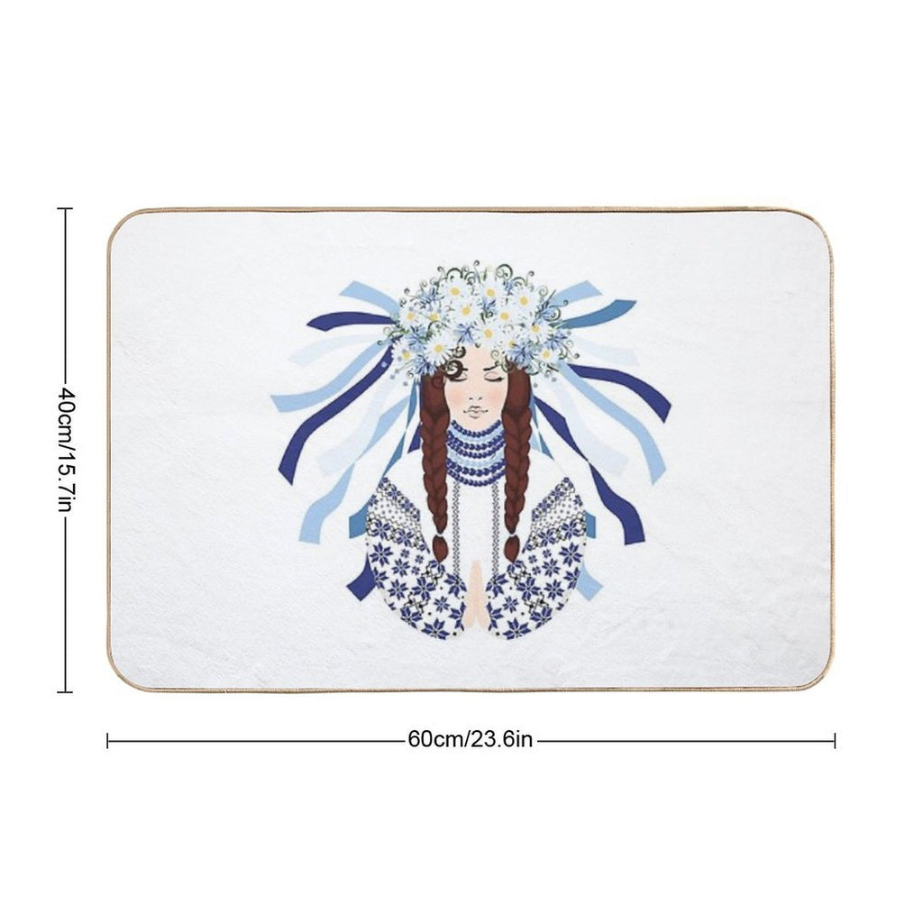 Woman Prays in An Embroidered Costume And A Wreath of Wildflowers, Daisies, Cornflowers And Herbs  Rapid-Drying Bath Mat