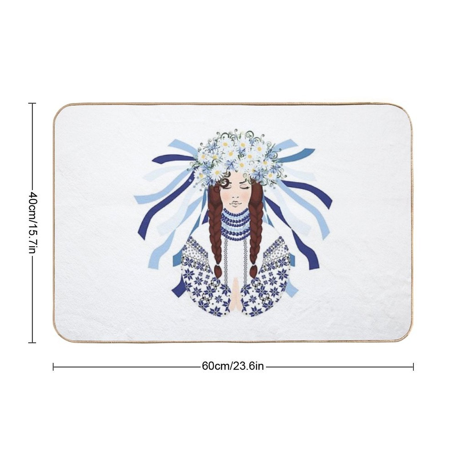 Woman Prays in An Embroidered Costume And A Wreath of Wildflowers, Daisies, Cornflowers And Herbs  Rapid-Drying Bath Mat