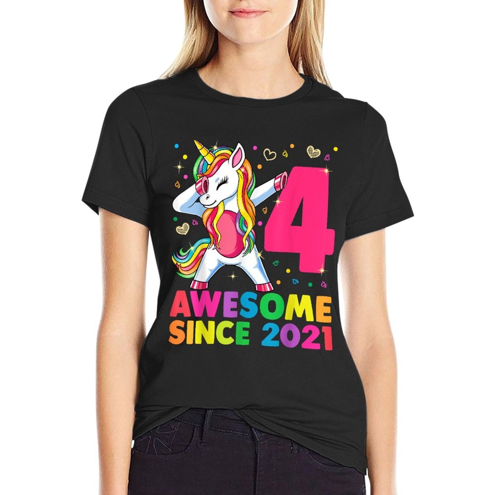 4 Years Old Unicorn Dabbing 4th Birthday Girl Unicorn Party  Polyester Blend T-Shirt