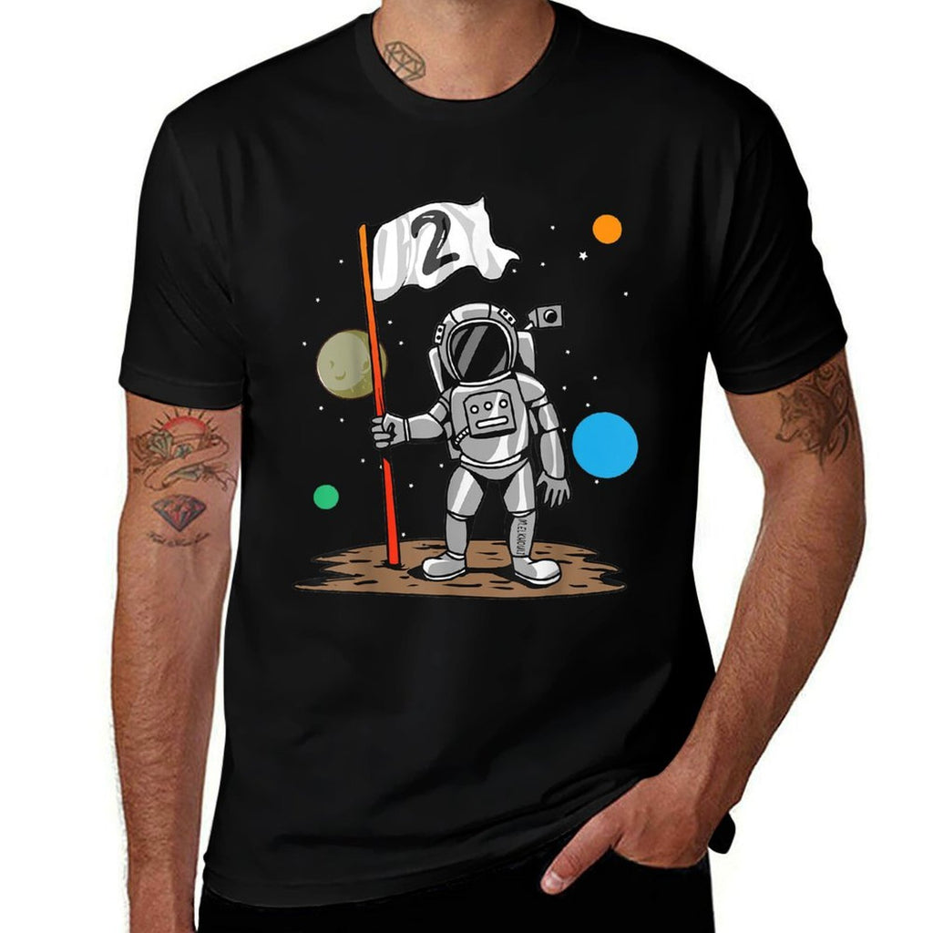 2nd Birthday Party Outer Astrology  2 Years Astronaut Space  Rolled Sleeves T-Shirt