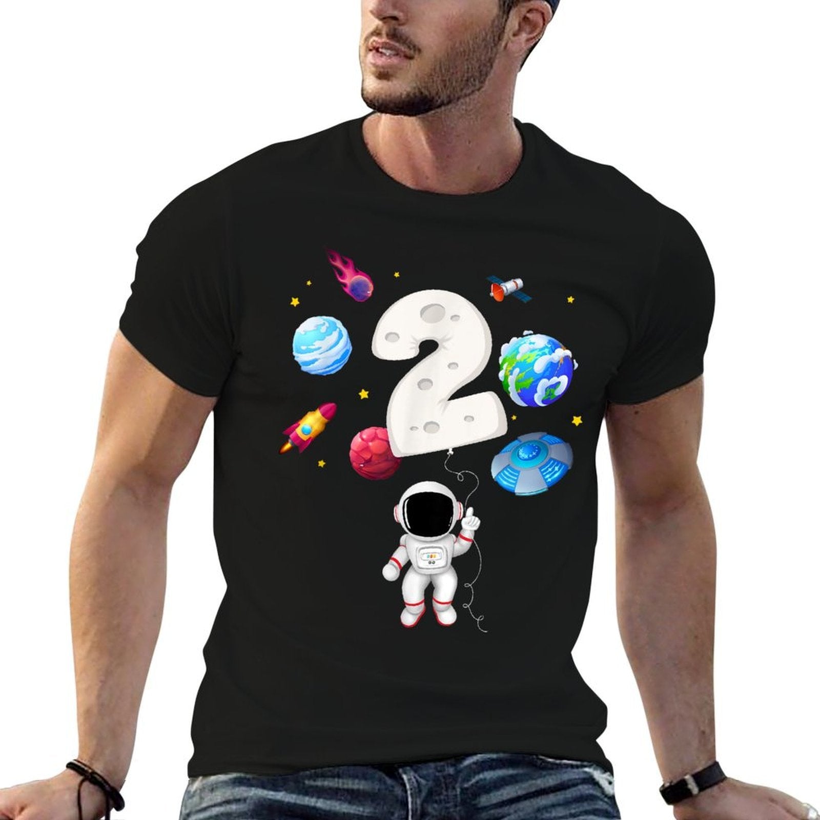 2nd Astronaut Birthday Party 2 Years Old Astronomy Costume  High-quality Stitching T-Shirt