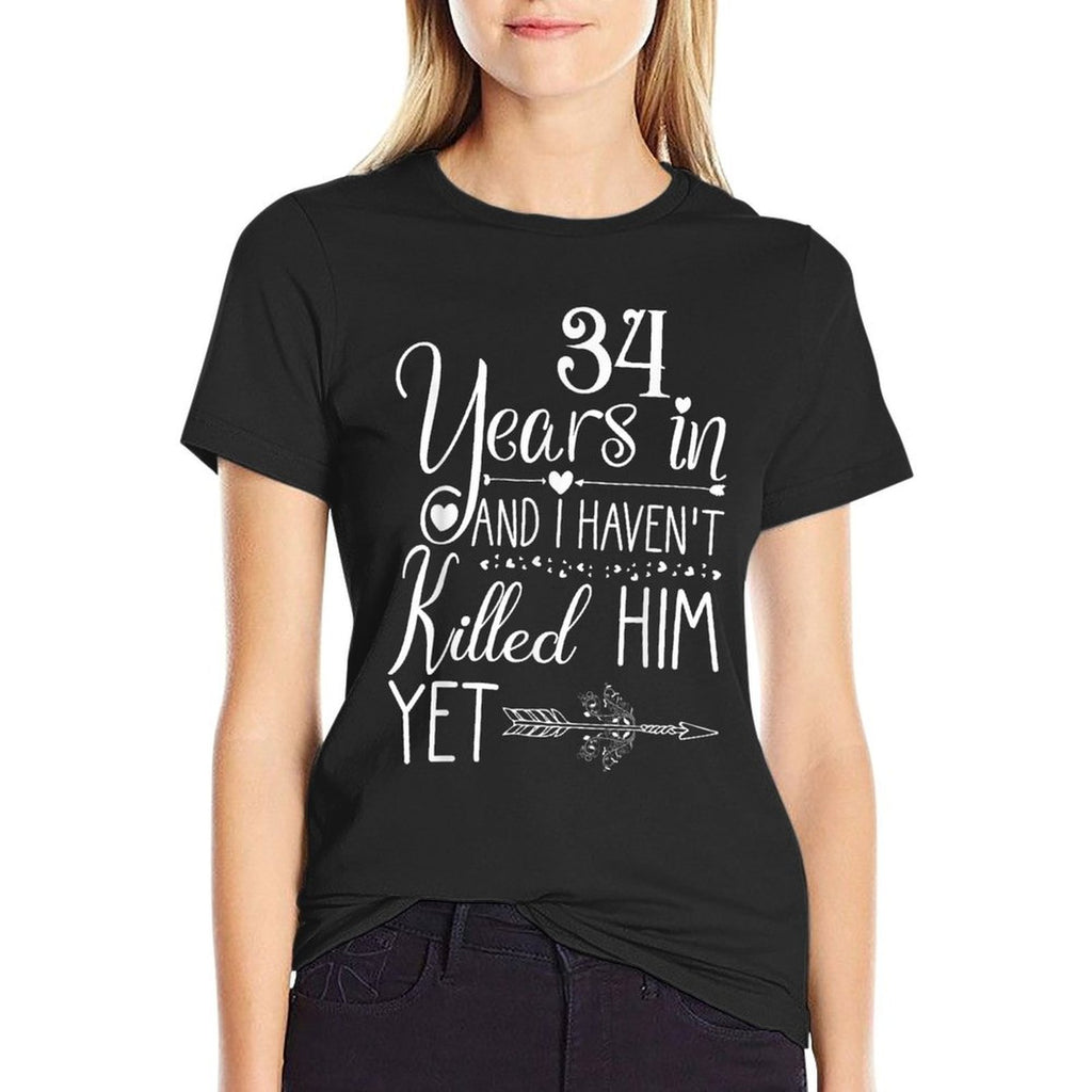 34th Wedding Anniversary for Her Wife Just Married 34 Years  Ribbed Collar T-Shirt