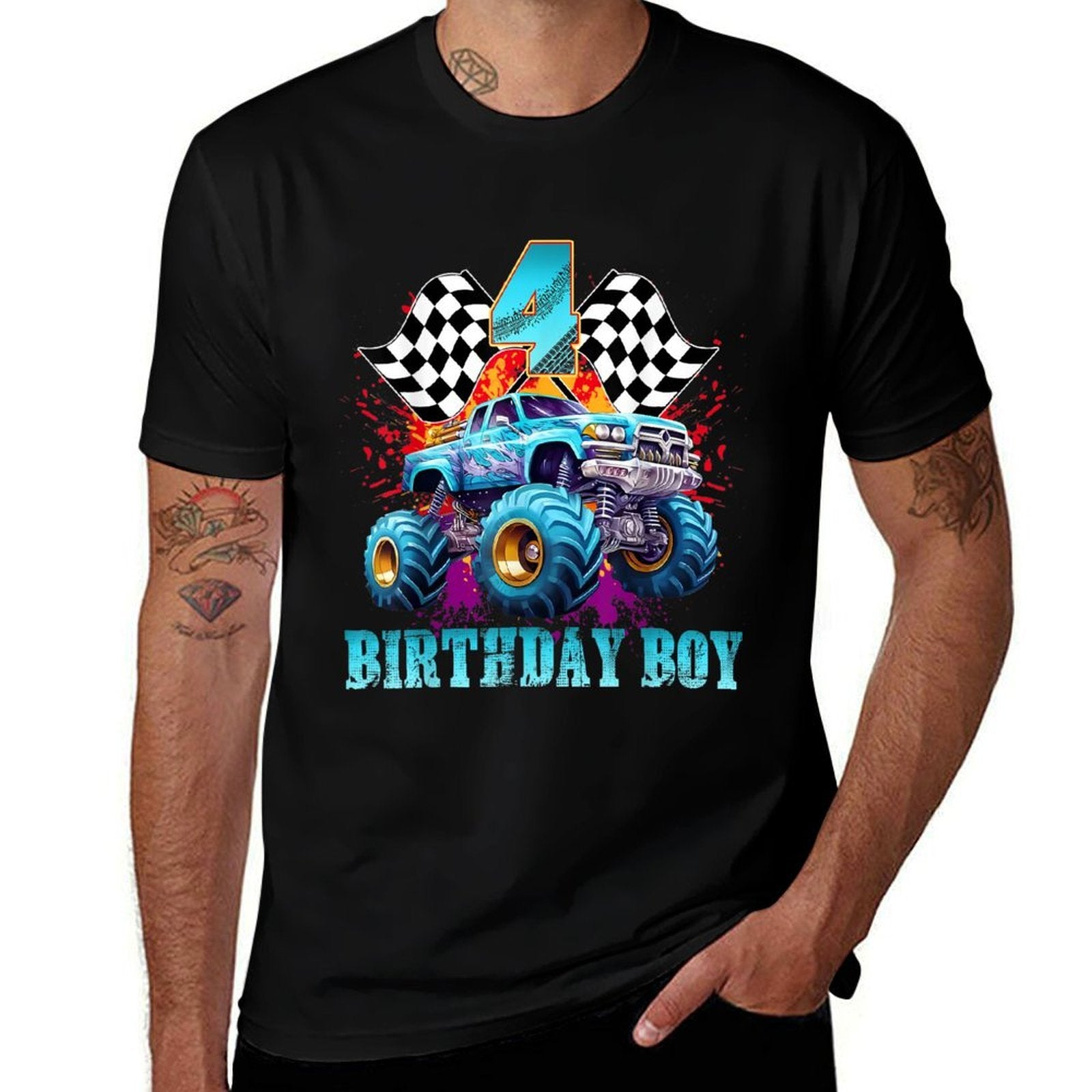 4 Year Old 4th Birthday Boys Monster Truck Car  Trendy Pattern T-Shirt