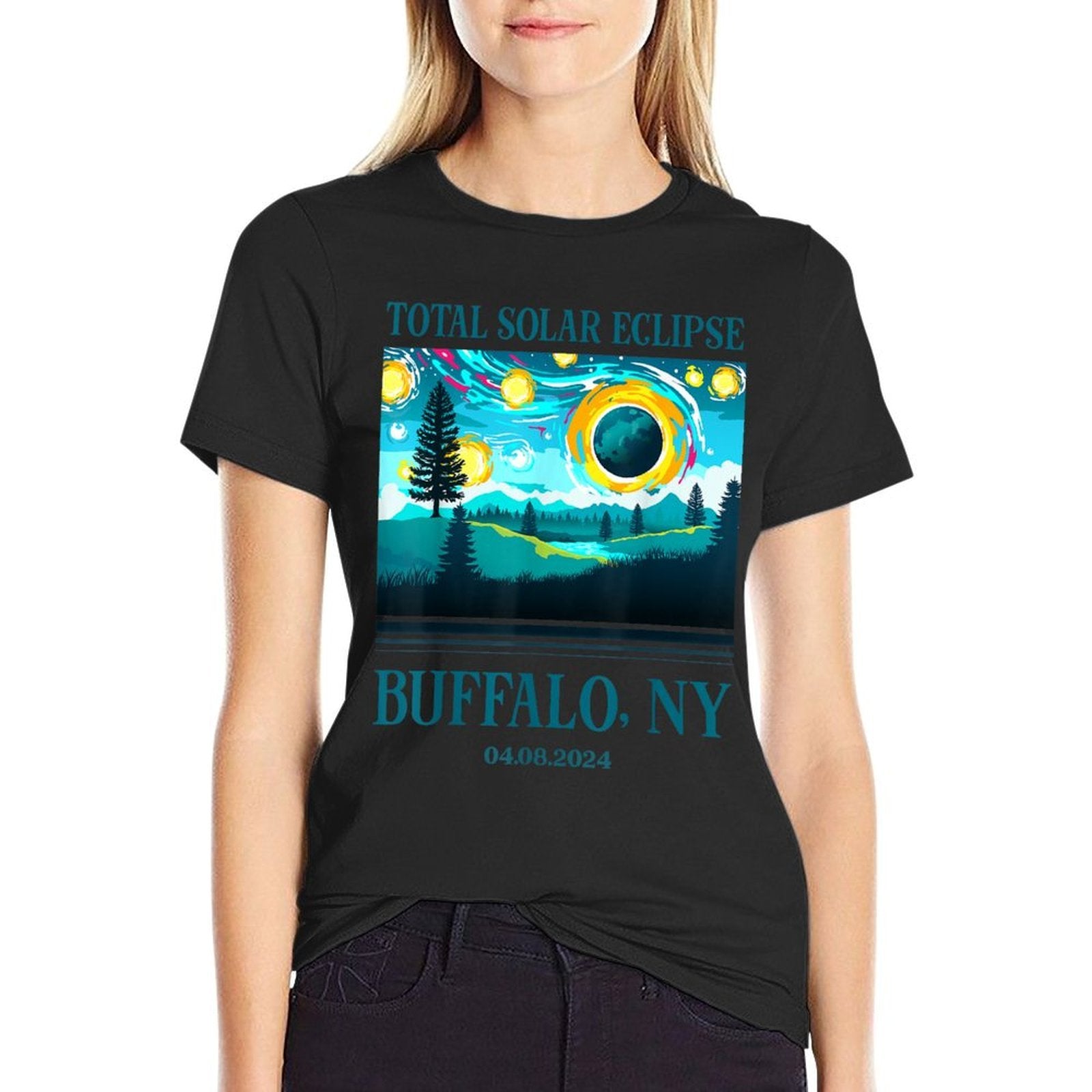 2024 Total Solar Eclipse Buffalo NY Totality Landscape  Cotton T-Shirt