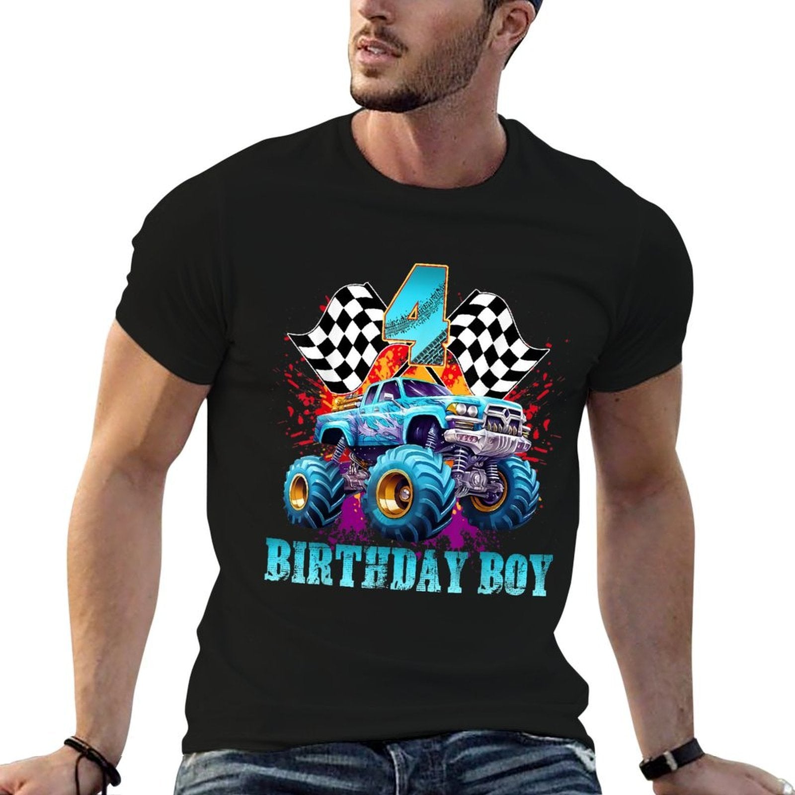 4 Year Old 4th Birthday Boys Monster Truck Car  Trendy Pattern T-Shirt