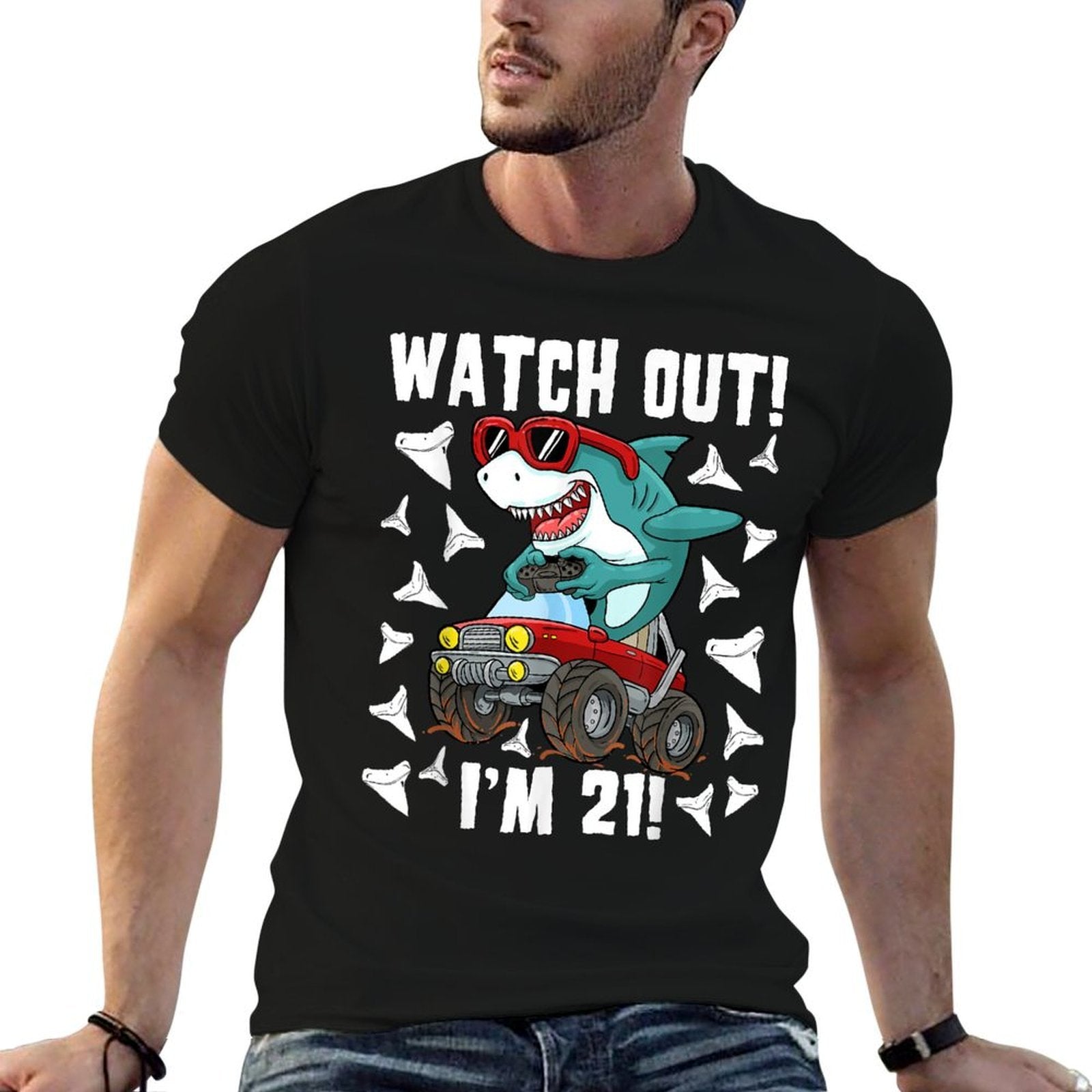 21 Years Old 21st Birthday Shark Boy Monster Truck Gamer  Eco-friendly Material T-Shirt