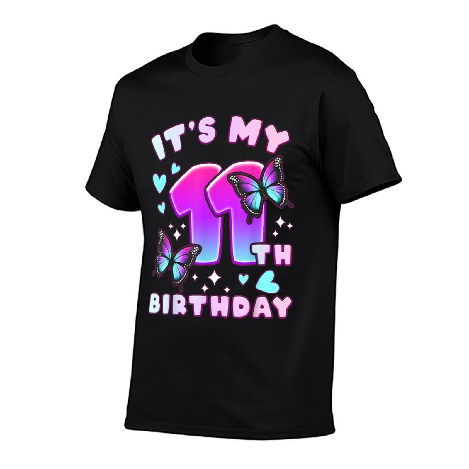 11th Birthday, Girl 11 Years, Butterflies And Number 11  Rolled Sleeves T-Shirt