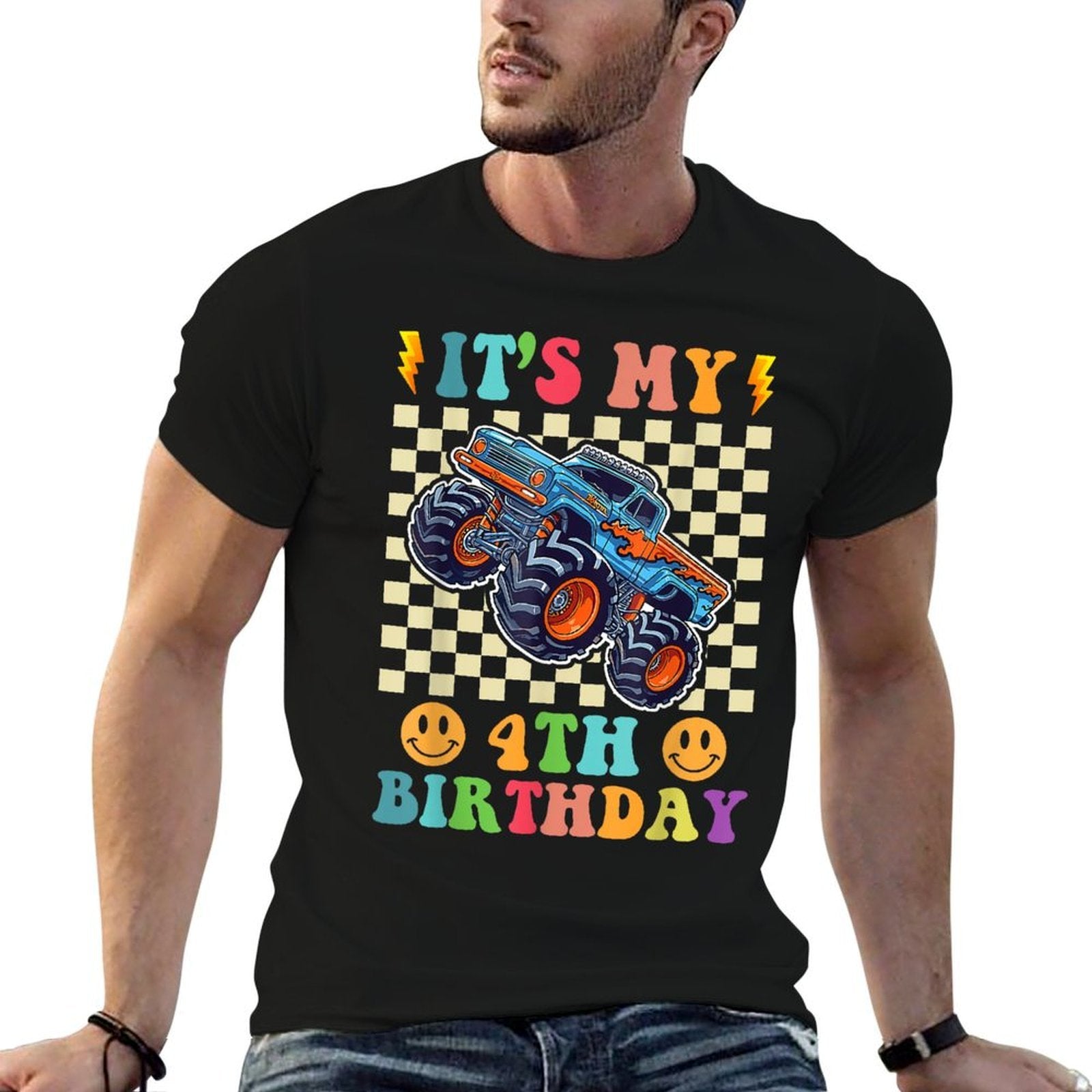 4 Year Old 4th Birthday Boy Monster Truck Car  Lightweight T-Shirt