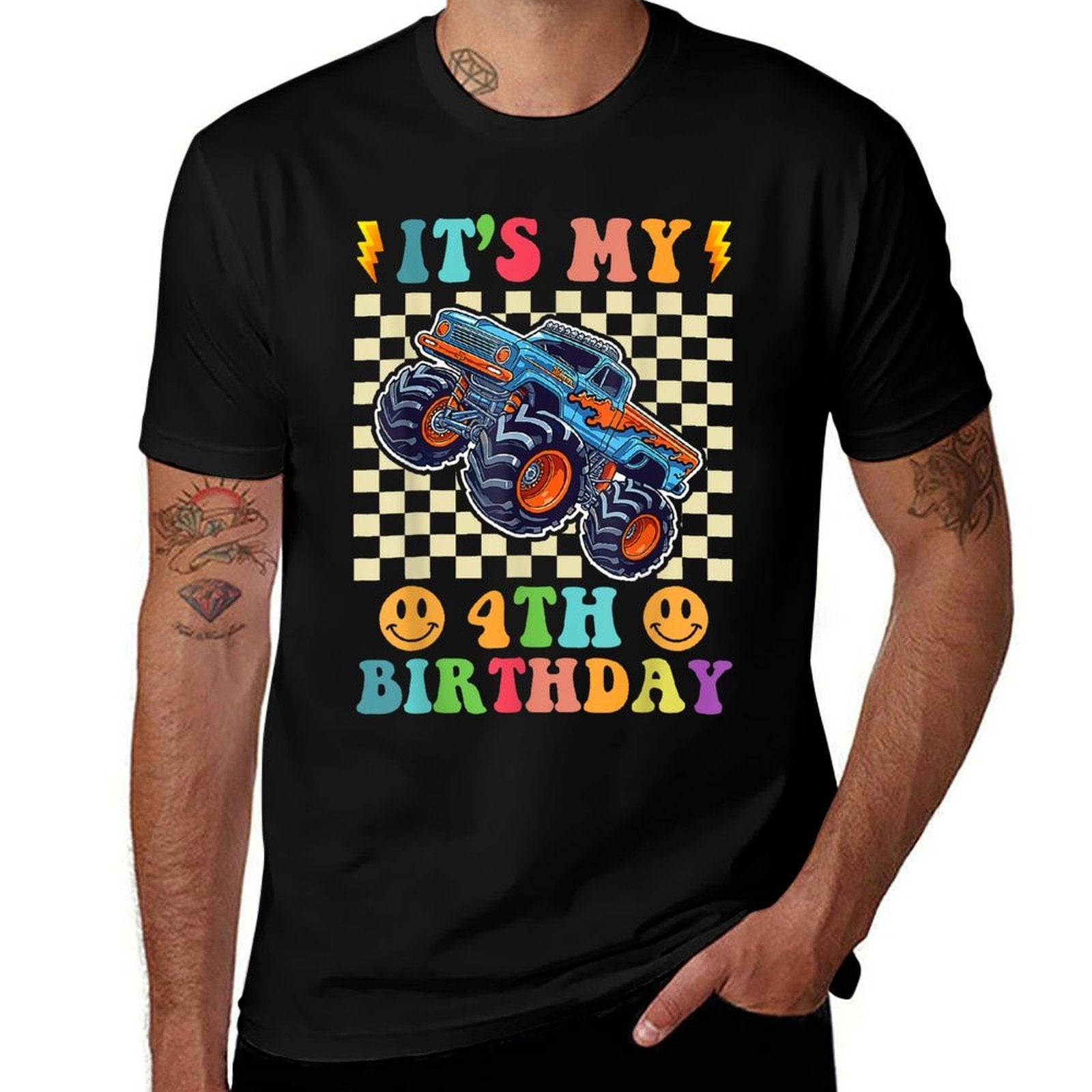 4 Year Old 4th Birthday Boy Monster Truck Car  Lightweight T-Shirt