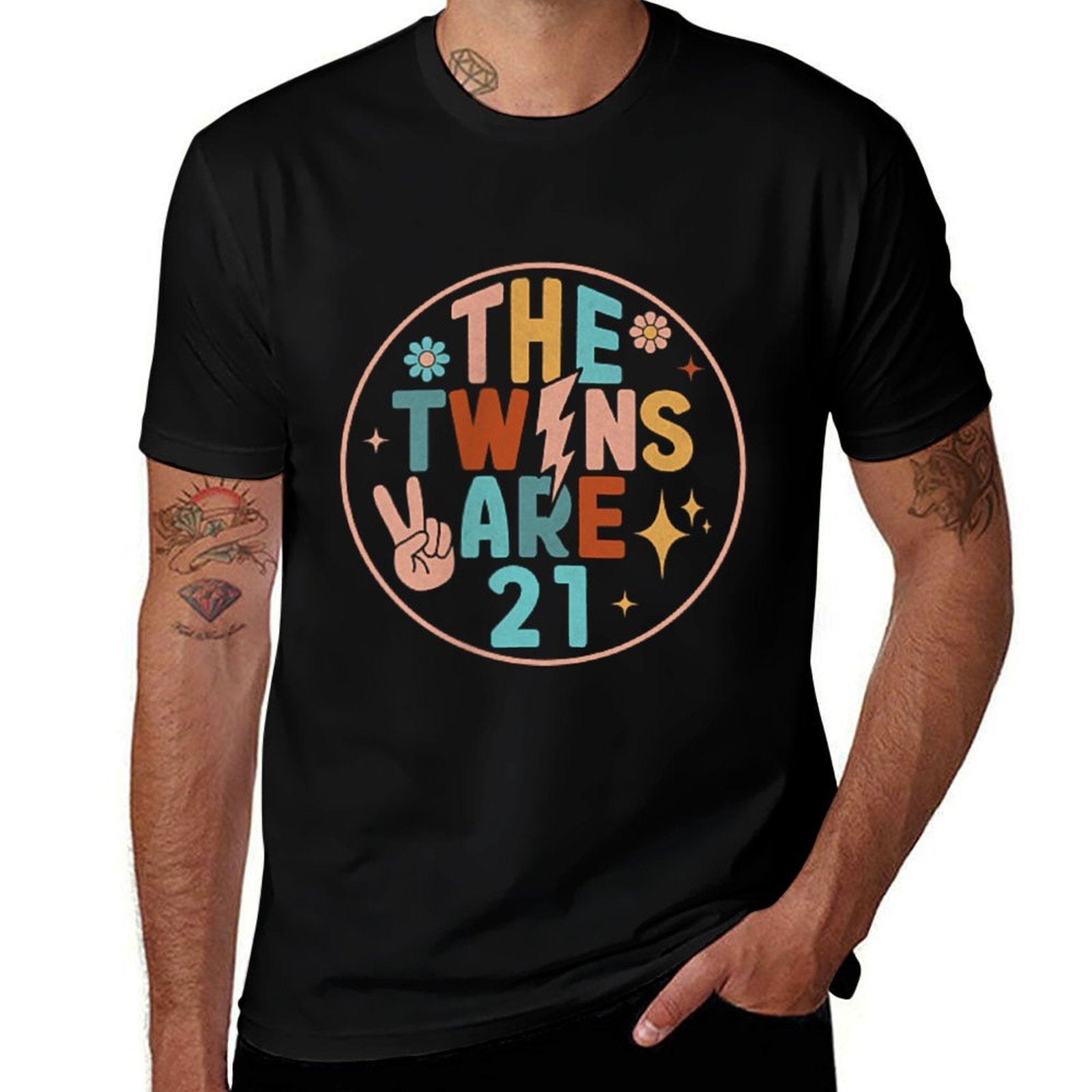 (2 SIDED) Twins 21st Birthday Party Groovy 21 Year Old Twin  Affordable Price T-Shirt