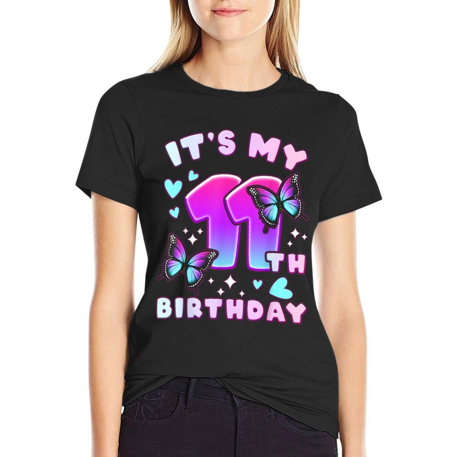 11th Birthday, Girl 11 Years, Butterflies And Number 11  Rolled Sleeves T-Shirt