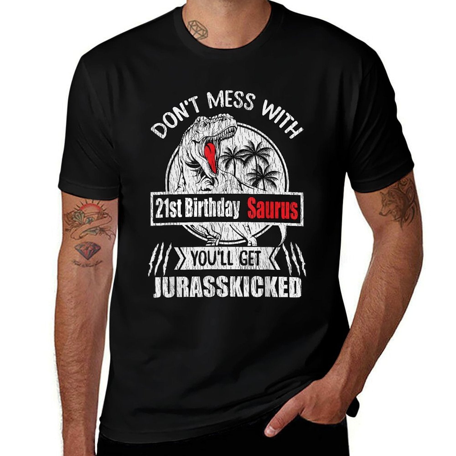 21st Bday Don't Mess With Saurus Dinosaur 21st Birthday  Rolled Sleeves T-Shirt