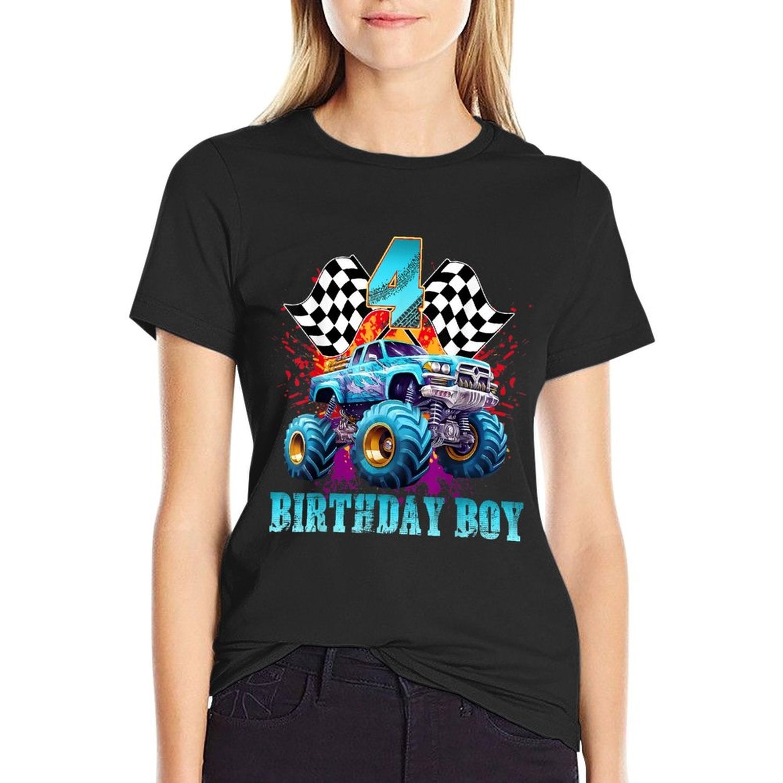 4 Year Old 4th Birthday Boys Monster Truck Car  Trendy Pattern T-Shirt