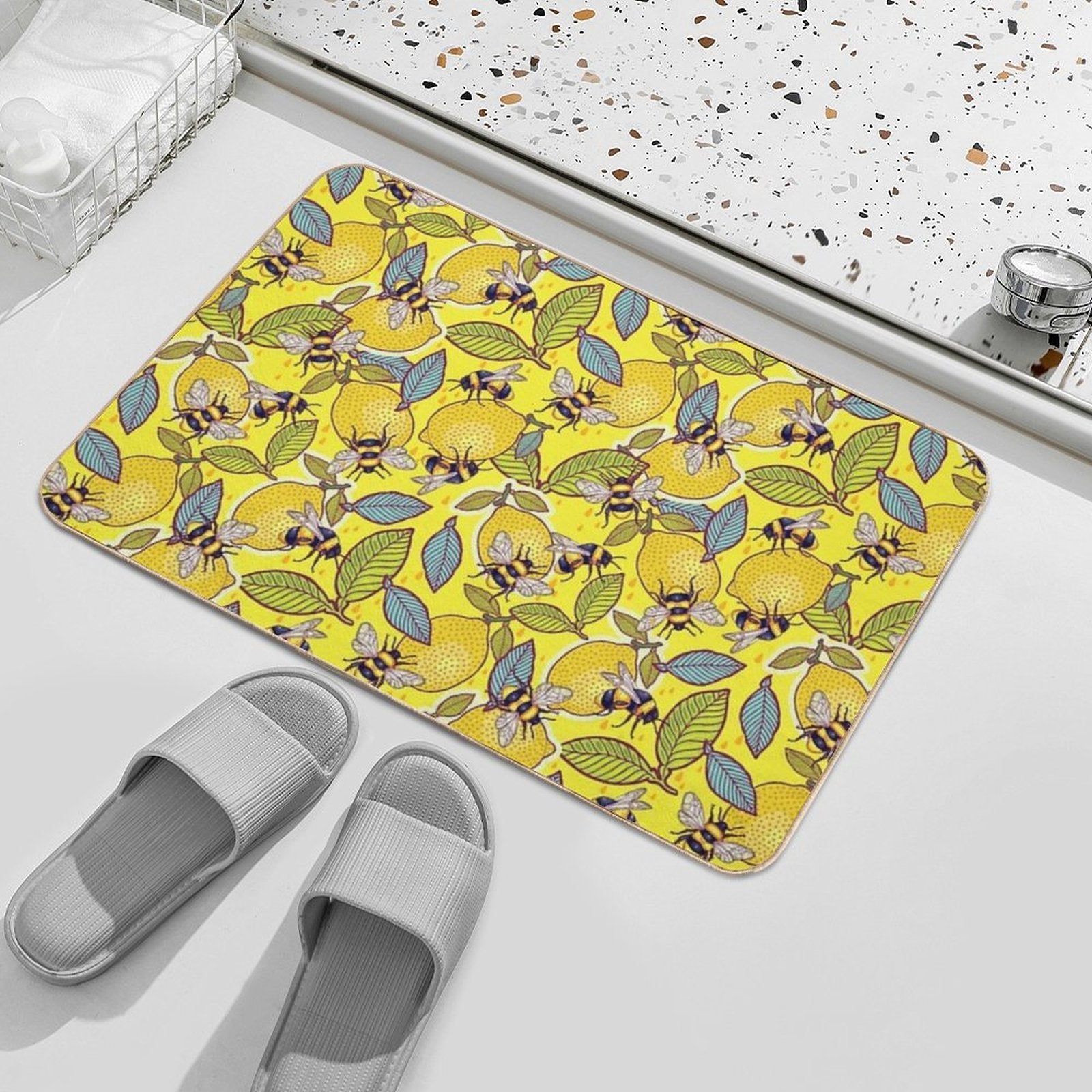 Yellow Lemon And Bee Garden.  Anti-Trip Bath Mat