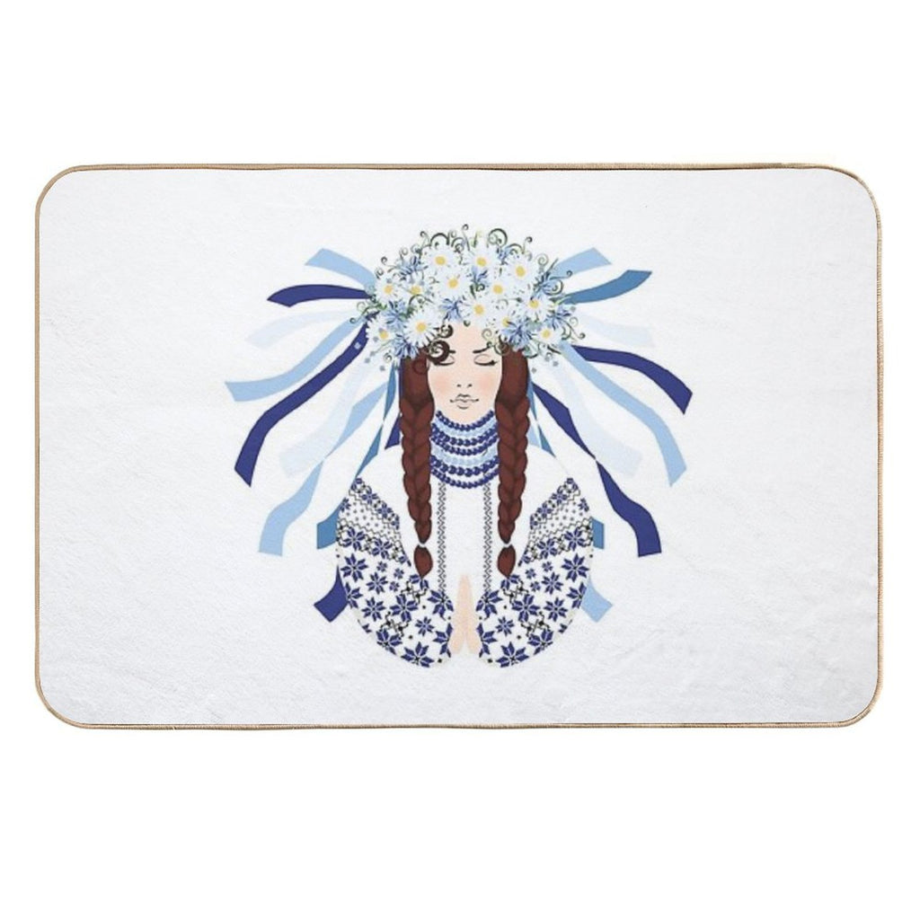 Woman Prays in An Embroidered Costume And A Wreath of Wildflowers, Daisies, Cornflowers And Herbs  Rapid-Drying Bath Mat