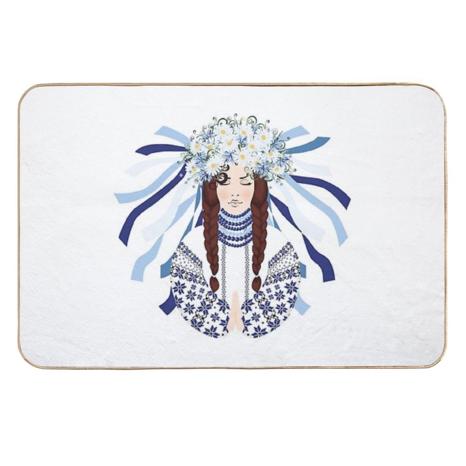 Woman Prays in An Embroidered Costume And A Wreath of Wildflowers, Daisies, Cornflowers And Herbs  Rapid-Drying Bath Mat