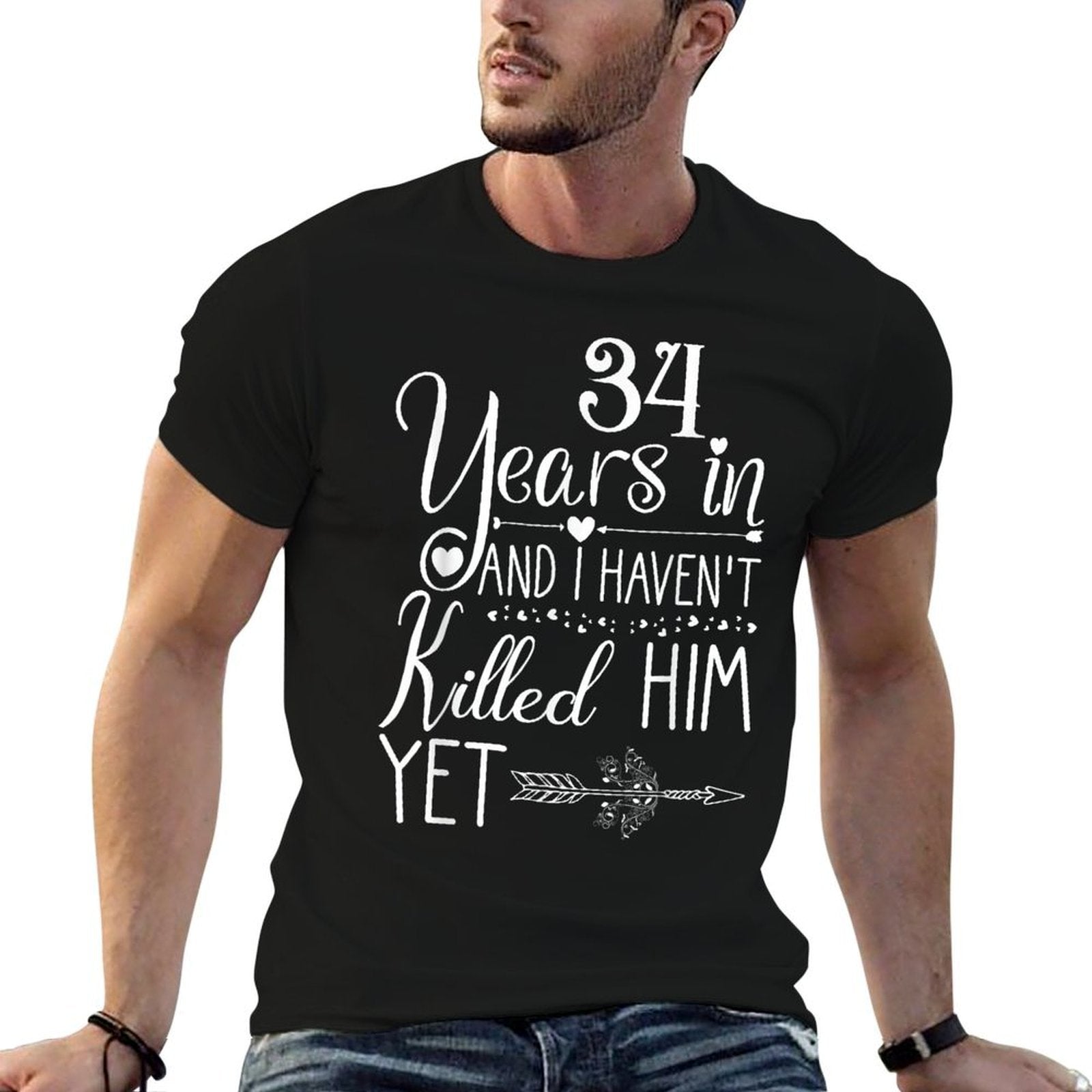 34th Wedding Anniversary for Her Wife Just Married 34 Years  Ribbed Collar T-Shirt